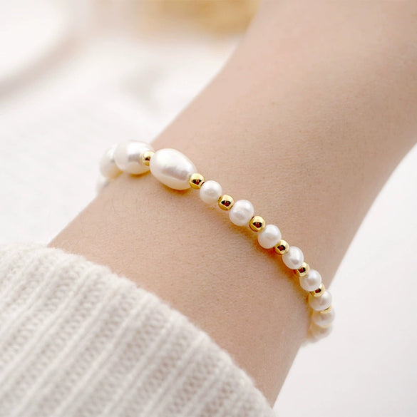 Women's Handmade Baroque Fresh Water Pearl Geometric Bracelet Simple Design Jewelry