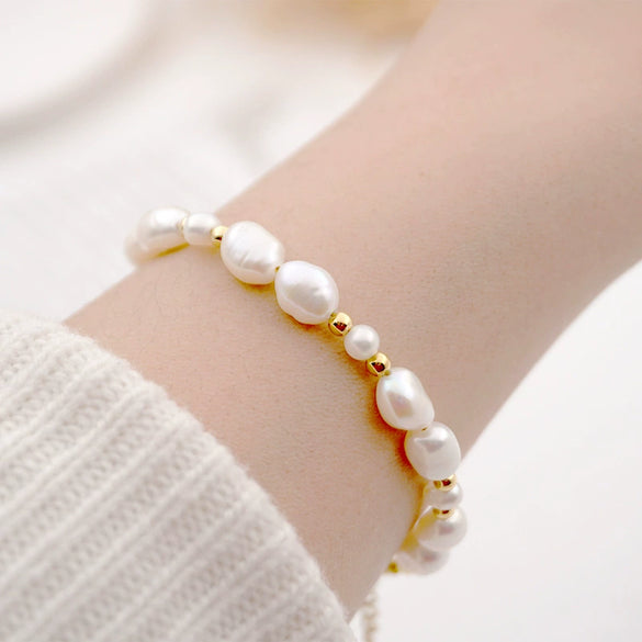 Women's Handmade Baroque Fresh Water Pearl Geometric Bracelet Simple Design Jewelry