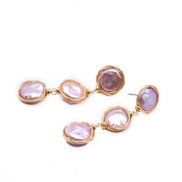 Women's Handmade Baroque Pearl Geometric Earrings Retro Simple Electroplated Winding Drop Earrings