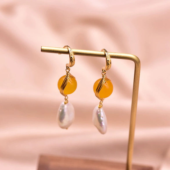 Women's Handmade Baroque Pearl Geometric Earrings Retro Simple Electroplated Winding Drop Earrings