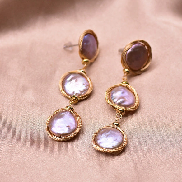 Women's Handmade Baroque Pearl Geometric Earrings Retro Simple Electroplated Winding Drop Earrings