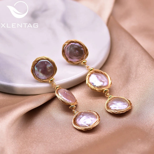 Women's Handmade Baroque Pearl Geometric Earrings Retro Simple Electroplated Winding Drop Earrings