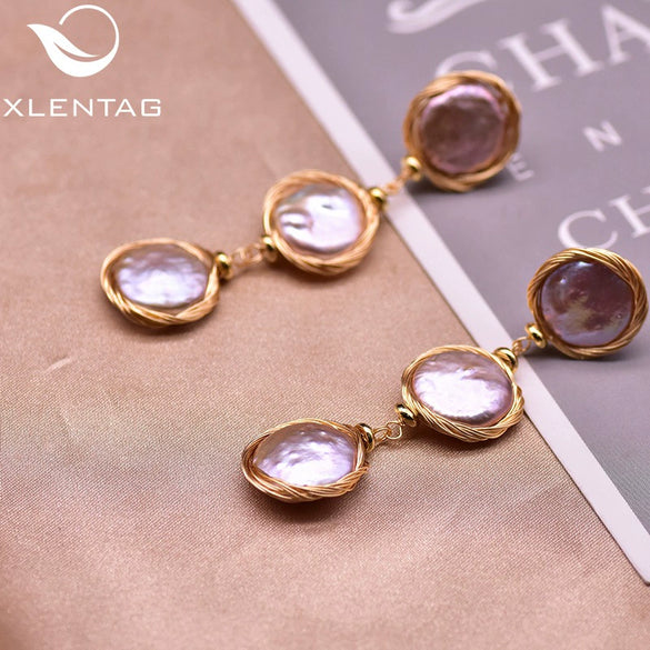 Women's Handmade Baroque Pearl Geometric Earrings Retro Simple Electroplated Winding Drop Earrings