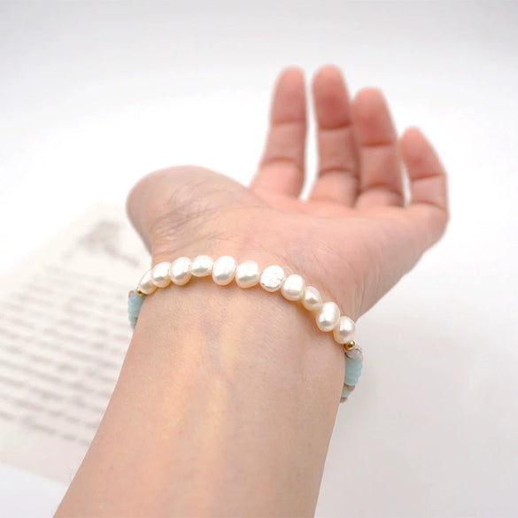 Women's Handmade Beaded Geometric Pearl Necklace And Bracelet With Cross Chain