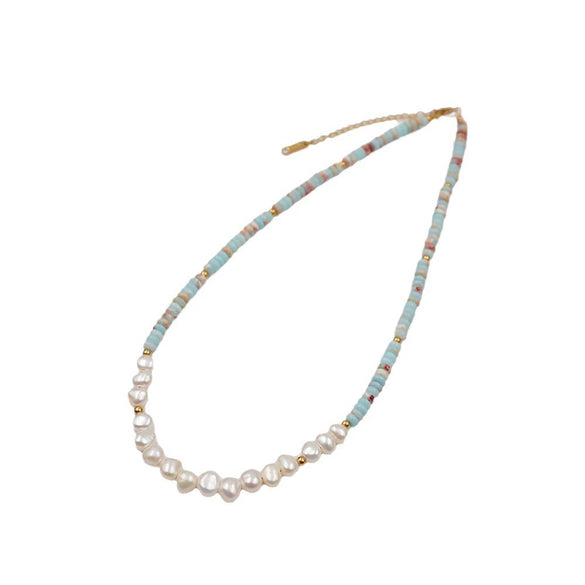 Women's Handmade Beaded Geometric Pearl Necklace And Bracelet With Cross Chain
