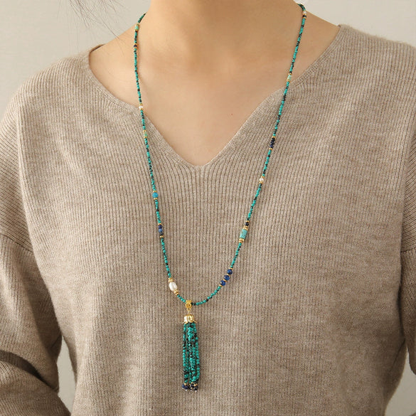 Women's Handmade Beaded Long Necklace With Optimized Blue Turquoise Glass Beads And Copper