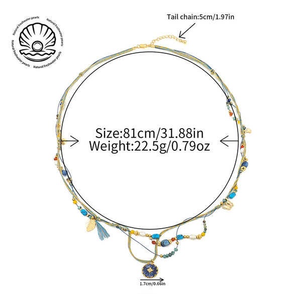 Women's Handmade Beaded Long Necklace With Optimized Blue Turquoise Glass Beads And Copper