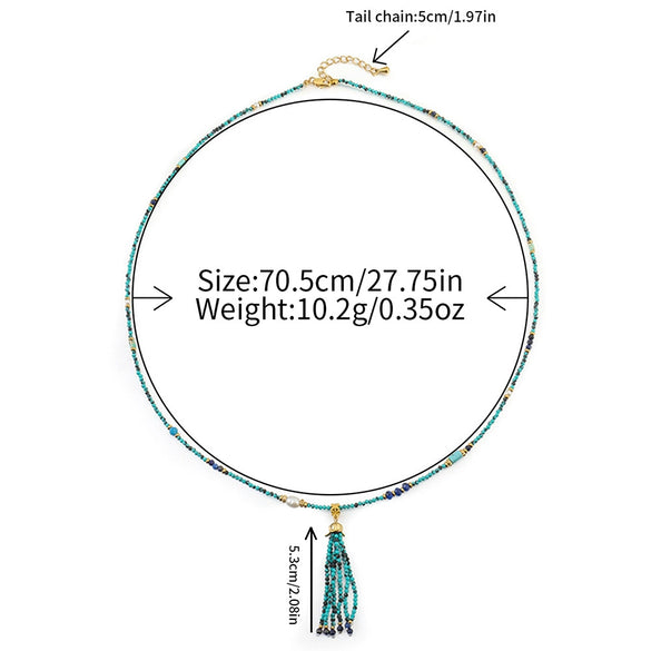 Women's Handmade Beaded Long Necklace With Optimized Blue Turquoise Glass Beads And Copper