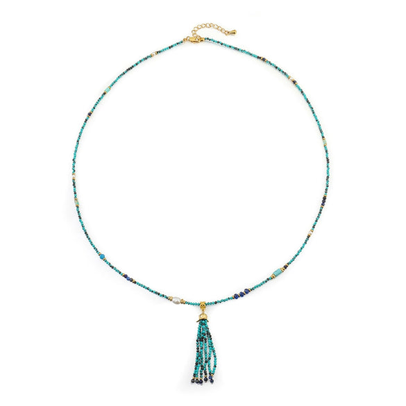 Women's Handmade Beaded Long Necklace With Optimized Blue Turquoise Glass Beads And Copper