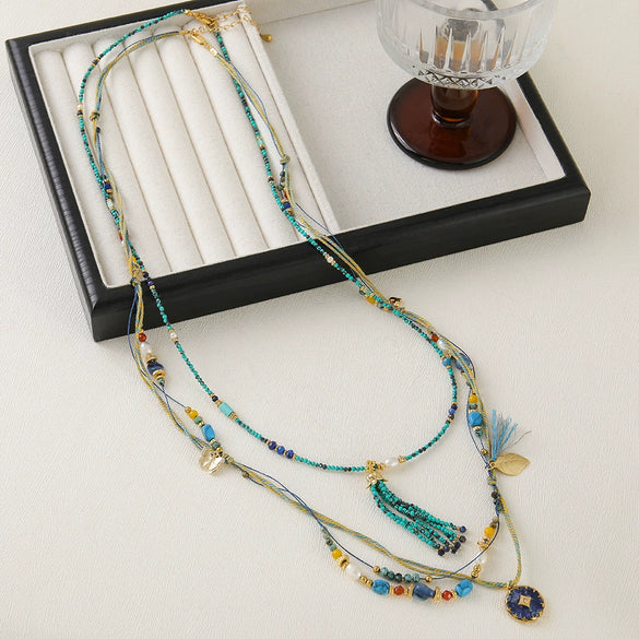 Women's Handmade Beaded Long Necklace With Optimized Blue Turquoise Glass Beads And Copper