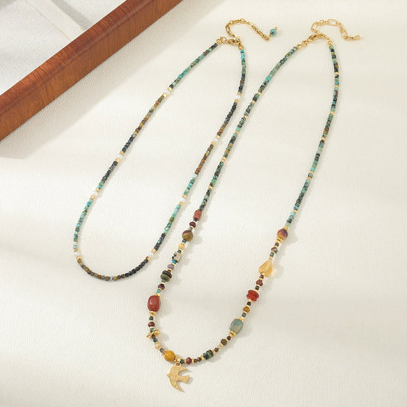 Women's Handmade Beaded Necklace With African Pine Red Agate Spotted Stone Stainless Steel Copper Geometric Design And Bird Pendant