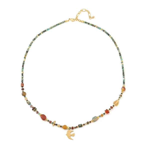 Women's Handmade Beaded Necklace With African Pine Red Agate Spotted Stone Stainless Steel Copper Geometric Design And Bird Pendant