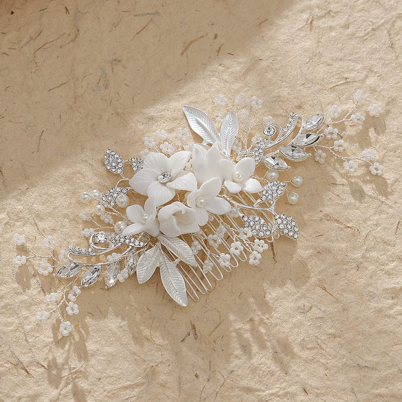 Women's Handmade Ceramic Flower Beaded Hair Comb With Electroplating