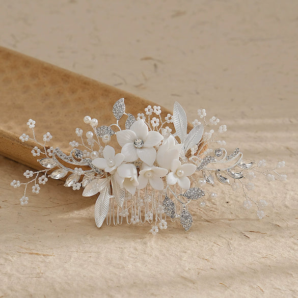 Women's Handmade Ceramic Flower Beaded Hair Comb With Electroplating