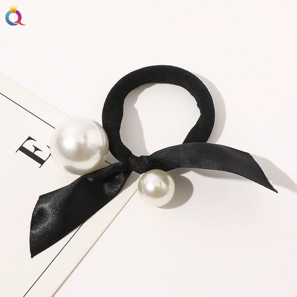 Women’s Handmade Cloth Hair Tie With Black Houndstooth Bow And Pearl Detail Sweet Hair Accessory Wholesale