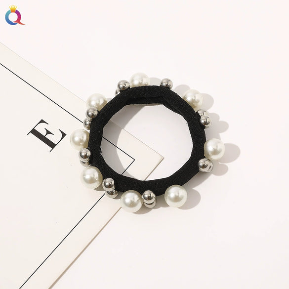 Women’s Handmade Cloth Hair Tie With Black Houndstooth Bow And Pearl Detail Sweet Hair Accessory Wholesale