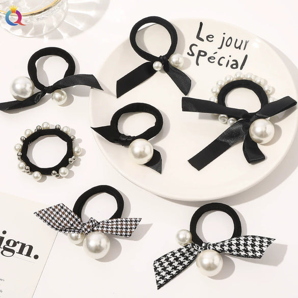 Women’s Handmade Cloth Hair Tie With Black Houndstooth Bow And Pearl Detail Sweet Hair Accessory Wholesale