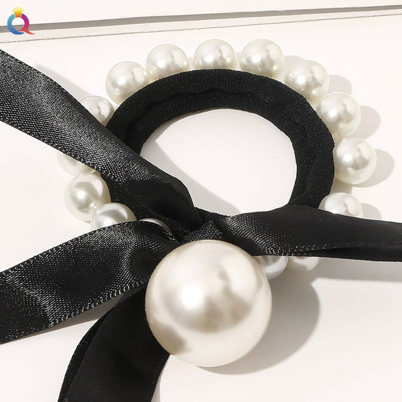 Women’s Handmade Cloth Hair Tie With Black Houndstooth Bow And Pearl Detail Sweet Hair Accessory Wholesale