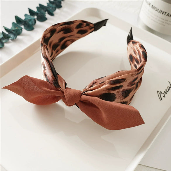 Women's Handmade Cloth Leopard Print Rabbit Ears Knotted Wide Headband Hair Accessories