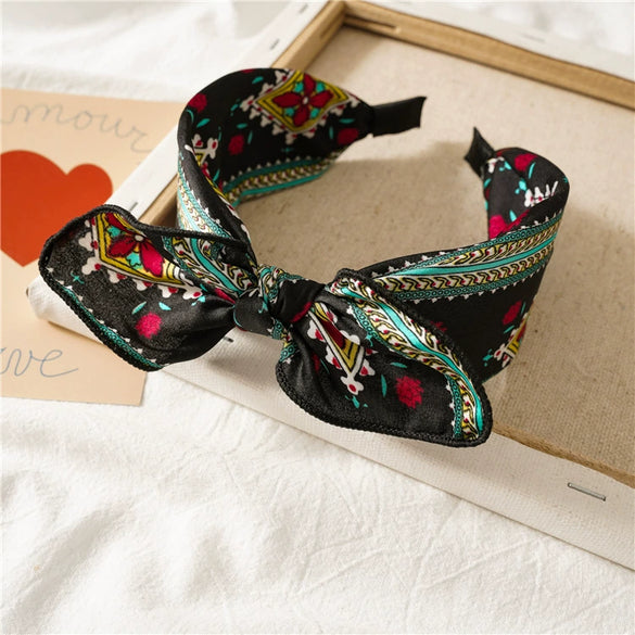 Women's Handmade Cloth Leopard Print Rabbit Ears Knotted Wide Headband Hair Accessories