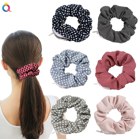 Women's Handmade Cloth Scrunchie Hair Tie With Zipper Detail And Small Dot Stripe Pattern Simple Natural Hair Accessory Wholesale