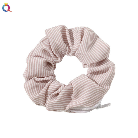 Women's Handmade Cloth Scrunchie Hair Tie With Zipper Detail And Small Dot Stripe Pattern Simple Natural Hair Accessory Wholesale