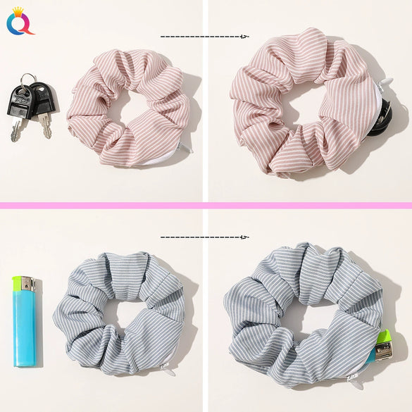 Women's Handmade Cloth Scrunchie Hair Tie With Zipper Detail And Small Dot Stripe Pattern Simple Natural Hair Accessory Wholesale