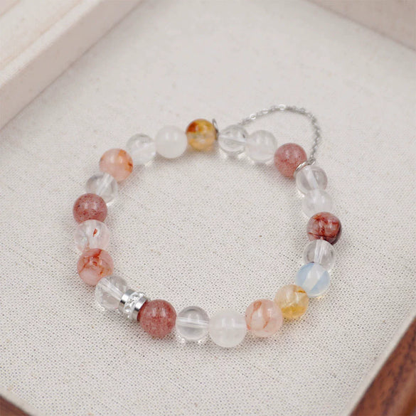 Women's Handmade Crystal Bracelet With Cherry Blossom Pink White And Strawberry Crystals