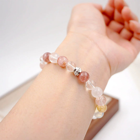 Women's Handmade Crystal Bracelet With Cherry Blossom Pink White And Strawberry Crystals