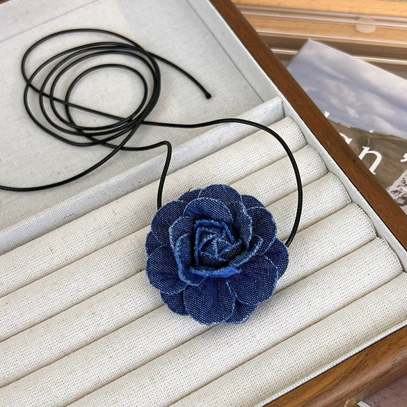Women's Handmade Denim Flower Necklace Choker Clavicle Chain