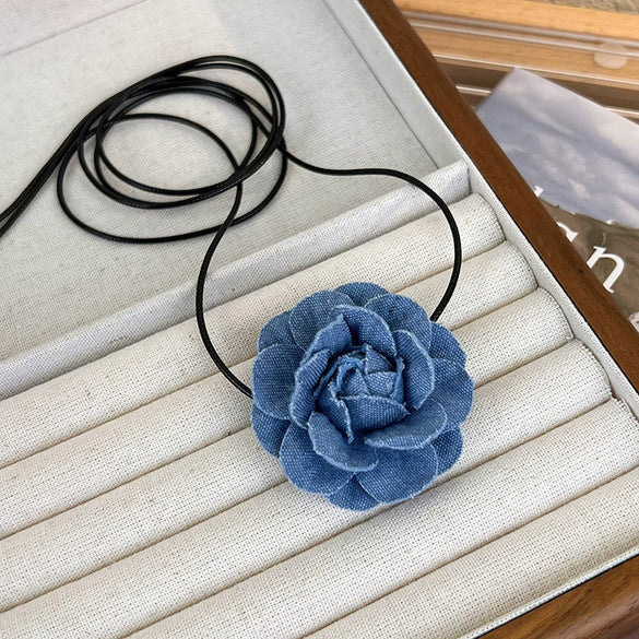 Women's Handmade Denim Flower Necklace Choker Clavicle Chain