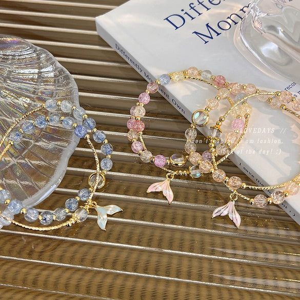 Women's Handmade Double Layer Beaded Bracelet With Fresh Floral Explosive Crystal Fishtail Pendant Geometric Pattern And Polishing Treatment