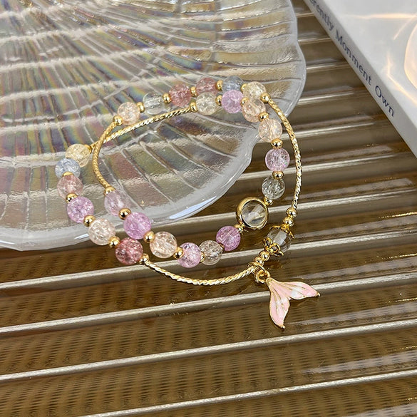 Women's Handmade Double Layer Beaded Bracelet With Fresh Floral Explosive Crystal Fishtail Pendant Geometric Pattern And Polishing Treatment
