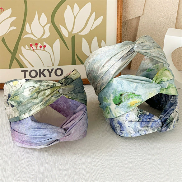 Women's Handmade Fabric Hair Hoop With Monet Oil Painting Style And Retro Cross Design