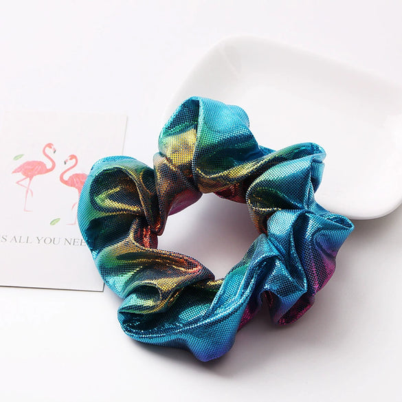 Women's Handmade Fabric Scrunchie Hair Tie With Metallic Rainbow Gradient Foil Finish And Oversized Flower Detail
