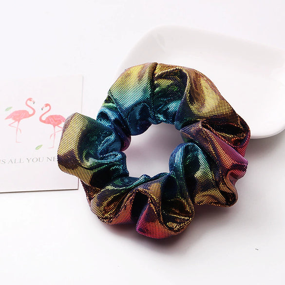 Women's Handmade Fabric Scrunchie Hair Tie With Metallic Rainbow Gradient Foil Finish And Oversized Flower Detail