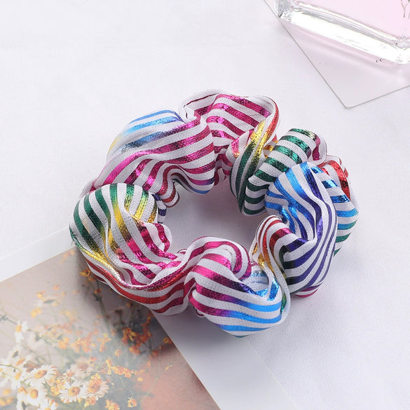 Women's Handmade Fabric Scrunchie Hair Tie With Metallic Rainbow Gradient Foil Finish And Oversized Flower Detail