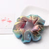Women's Handmade Fabric Scrunchie Hair Tie With Metallic Rainbow Gradient Foil Finish And Oversized Flower Detail
