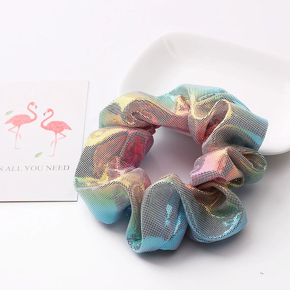 Women's Handmade Fabric Scrunchie Hair Tie With Metallic Rainbow Gradient Foil Finish And Oversized Flower Detail