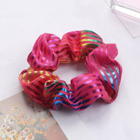 Women's Handmade Fabric Scrunchie Hair Tie With Metallic Rainbow Gradient Foil Finish And Oversized Flower Detail
