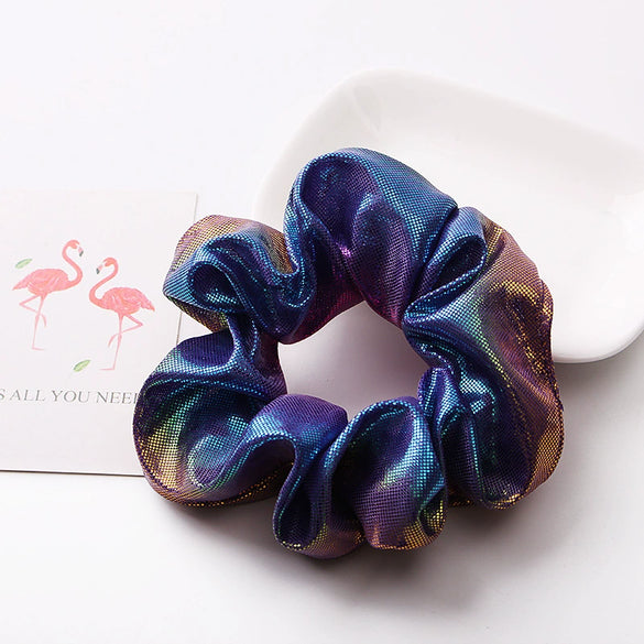 Women's Handmade Fabric Scrunchie Hair Tie With Metallic Rainbow Gradient Foil Finish And Oversized Flower Detail