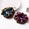 Women's Handmade Fabric Scrunchie Hair Tie With Metallic Rainbow Gradient Foil Finish And Oversized Flower Detail