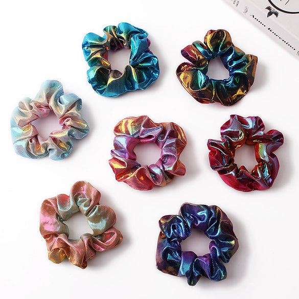 Women's Handmade Fabric Scrunchie Hair Tie With Metallic Rainbow Gradient Foil Finish And Oversized Flower Detail
