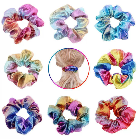 Women's Handmade Fabric Scrunchie Hair Tie With Metallic Rainbow Gradient Foil Finish And Oversized Flower Detail