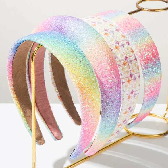 Women's Handmade Fabric Sequin Plaid Headband Rainbow Color Highend Fashion Super Shiny Hair Accessories