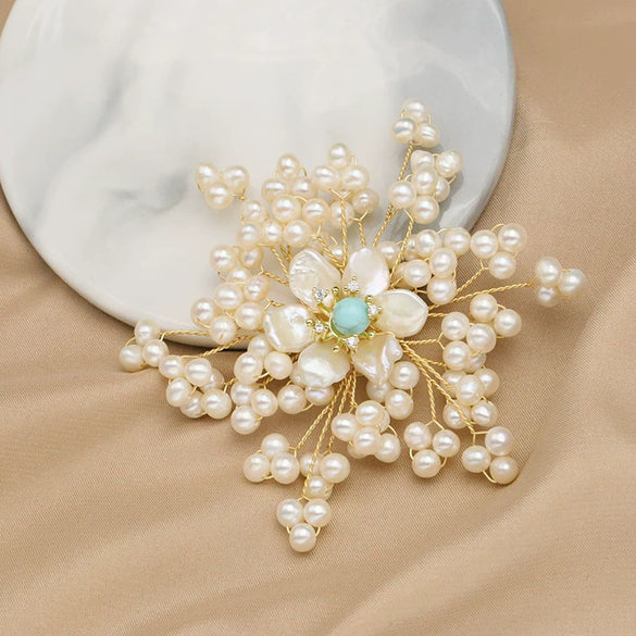 Women's Handmade Freshwater Pearl And Gold Plated Copper Flower Brooch