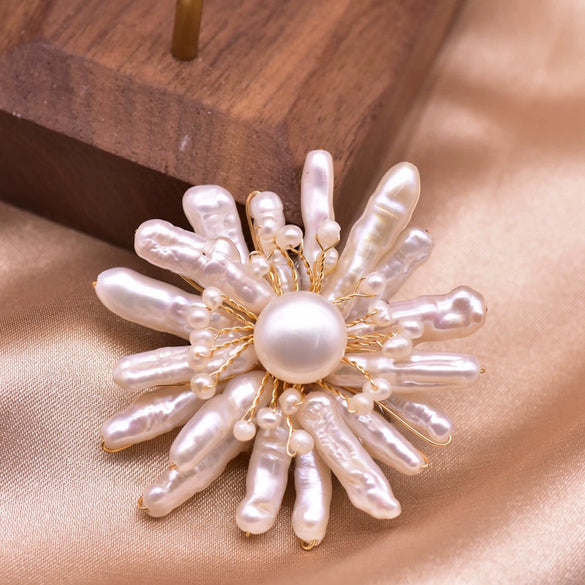 Women's Handmade Freshwater Pearl And Gold Plated Copper Flower Brooch