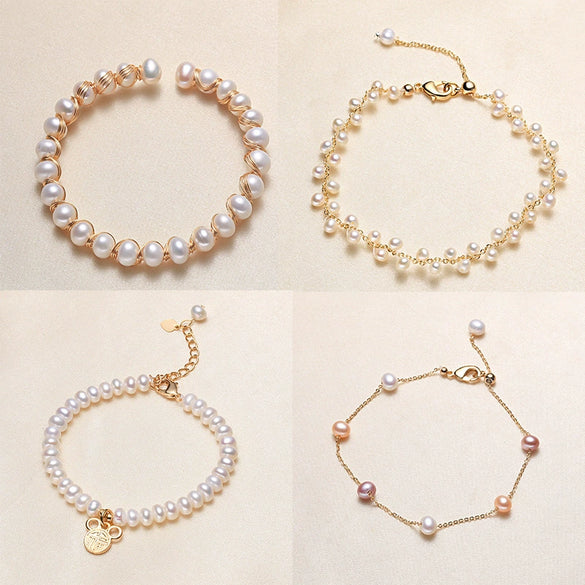 Women's Handmade Freshwater Pearl Bracelet With Copper Alloy Accessories And Near Circle Pearls Natural Style