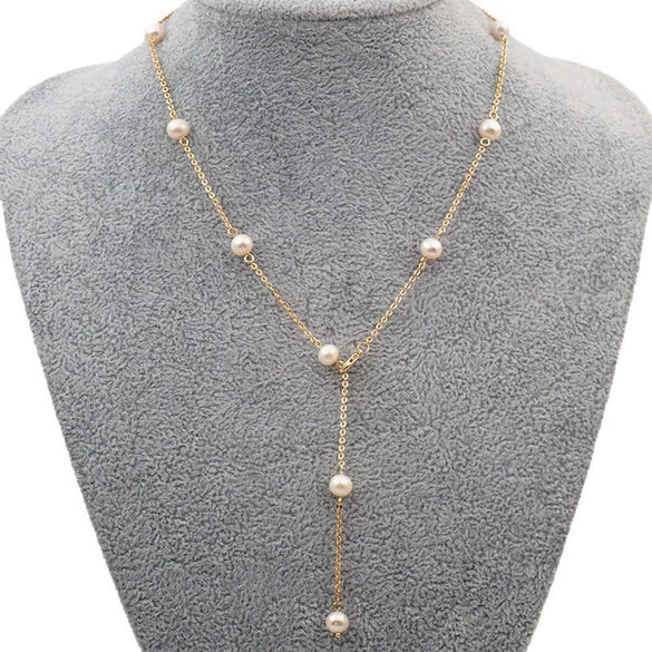 Women's Handmade Freshwater Pearl Cross Chain Necklace With Geometric Style
