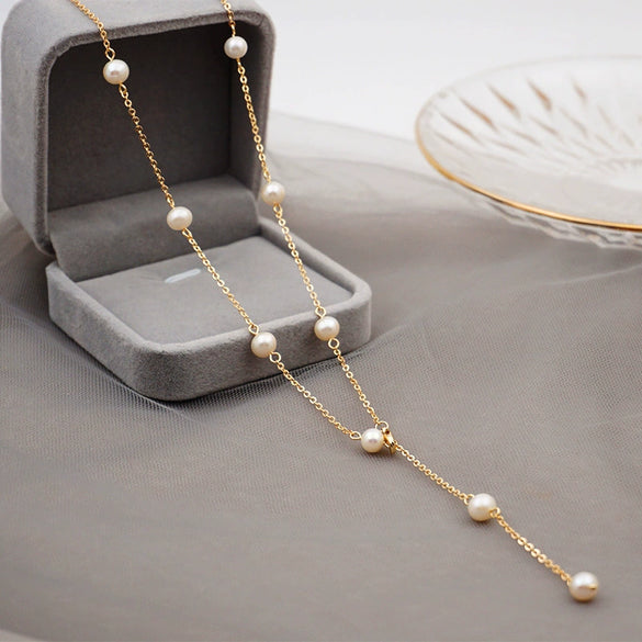Women's Handmade Freshwater Pearl Cross Chain Necklace With Geometric Style